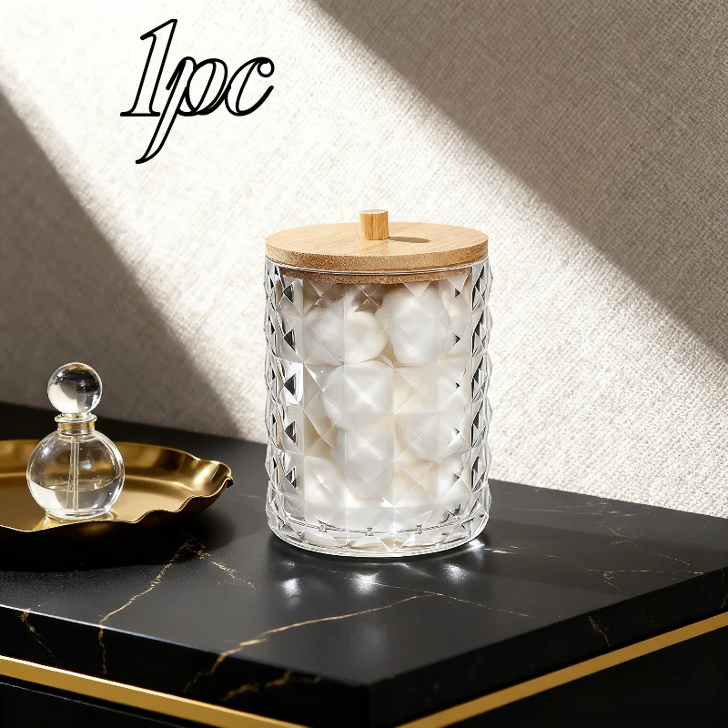 Clear Acrylic Apothecary Jar Diamond Pattern with Bamboo Lid Cotton Swab Qtip Holder Bathroom Vanity Canister Makeup Organizer
Clear Acrylic Apothecary Jar Diamond Pattern with Bamboo Lid Cotton Swab Qtip Holder Bathroom Vanity Canister Makeup Organizer