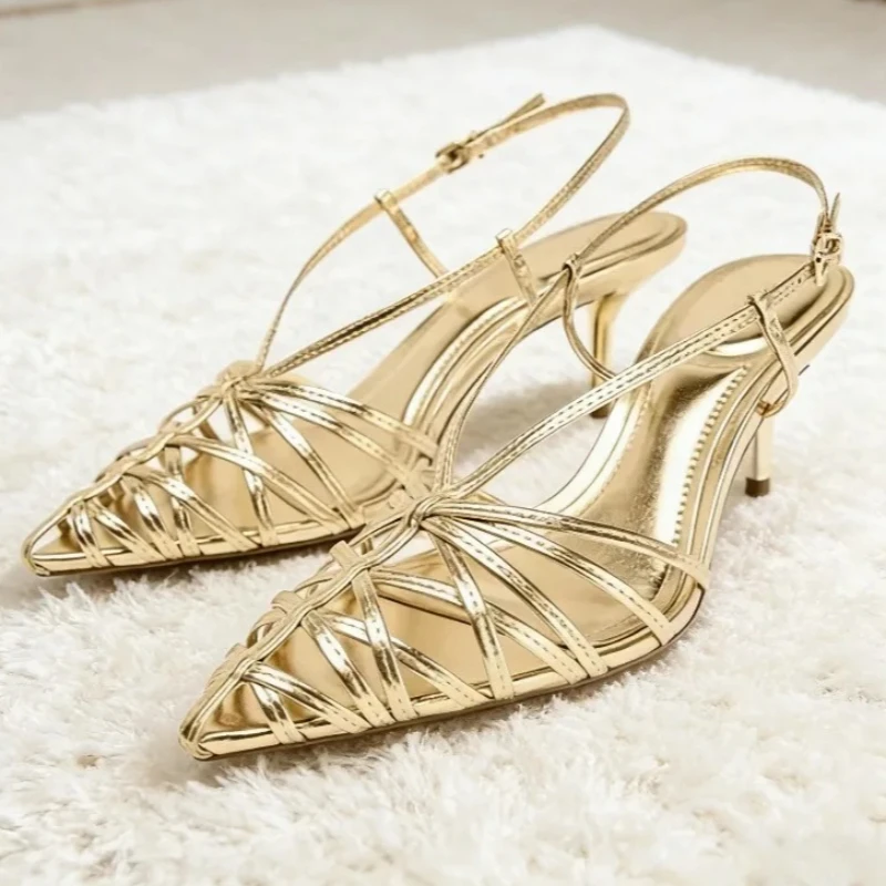 Gold Hollow Narrow Band Design Gladiator Sandals Women Fashion Pointed-toe Slingback Heels Luxury Banquet Brand Designer Shoes
Gold Hollow Narrow Band Design Gladiator Sandals Women Fashion Pointed-toe Slingback Heels Luxury Banquet Brand Designer Shoes