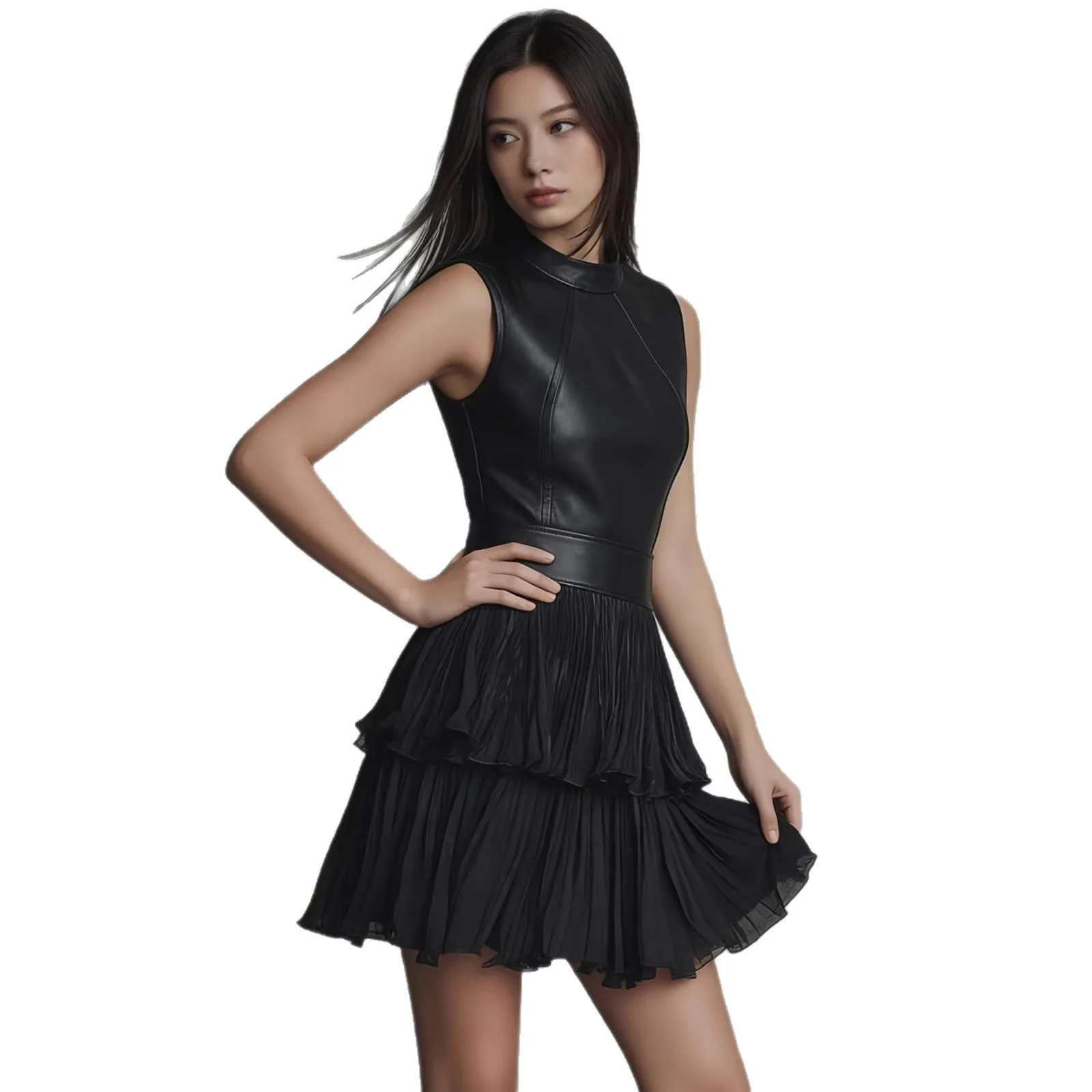 Sexy Short PU Leather Skirt Dress Sleeveless Splice Pleated Gored Hemline Midi Dress Casual Wear for Shopping Date Party Stage
Sexy Short PU Leather Skirt Dress Sleeveless Splice Pleated Gored Hemline Midi Dress Casual Wear for Shopping Date Party Stage