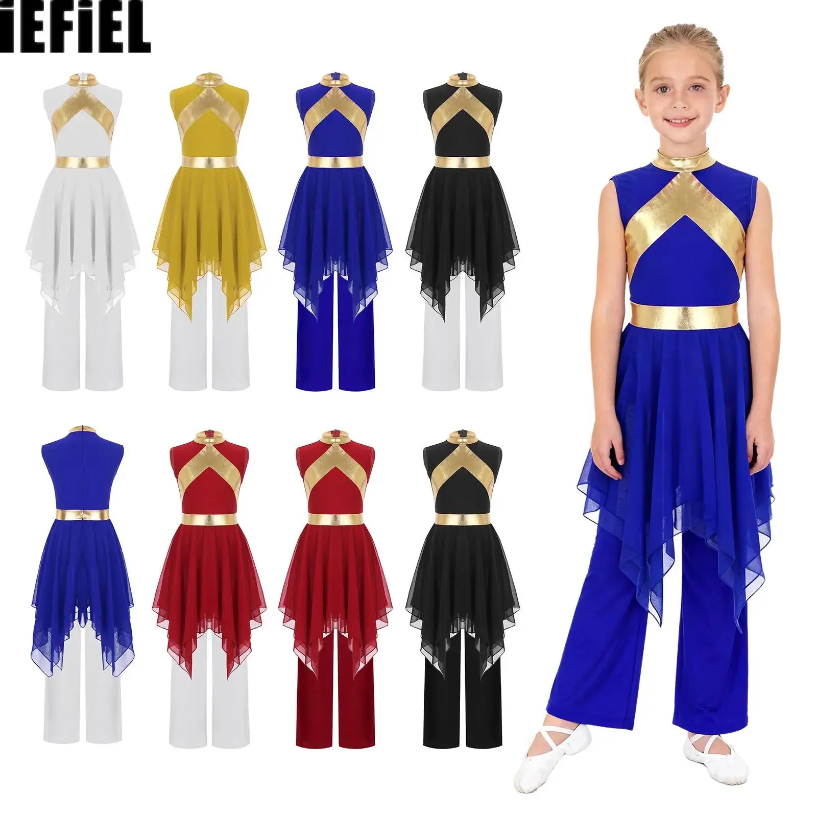 Kids Girls Liturgical Praise Dance Dress Sets Metallic Patchwork Asymmetrical Hem Dress with Elastic Waistband Wide-Leg Pants
Kids Girls Liturgical Praise Dance Dress Sets Metallic Patchwork Asymmetrical Hem Dress with Elastic Waistband Wide-Leg Pants