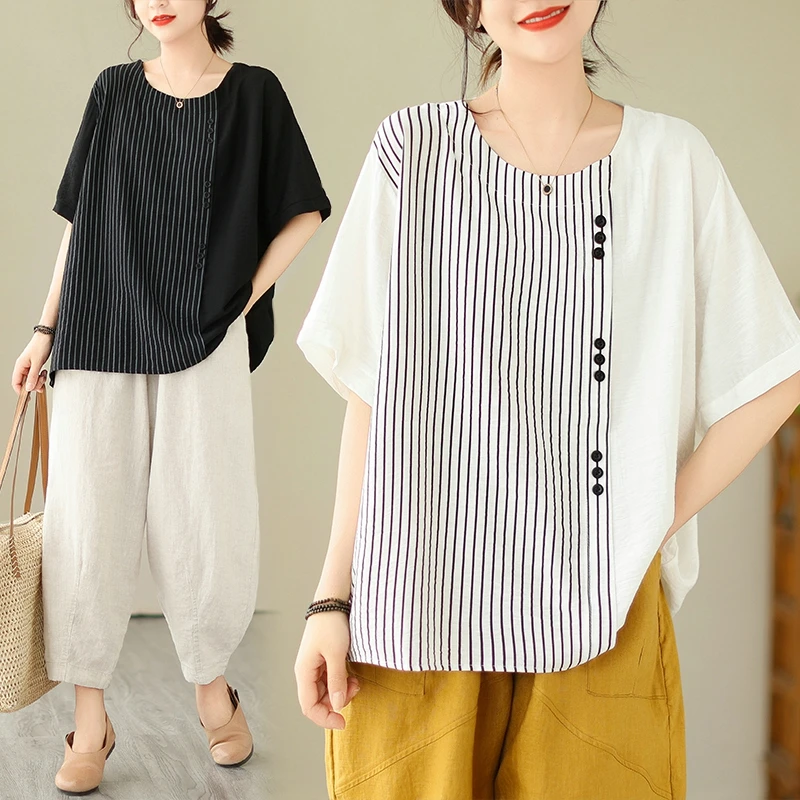 Summer New plus Size Women's T-shirt Striped Splicing Short Sleeve Overhead Top Base Shirt Female Commute Style Artistic
Summer New plus Size Women's T-shirt Striped Splicing Short Sleeve Overhead Top Base Shirt Female Commute Style Artistic