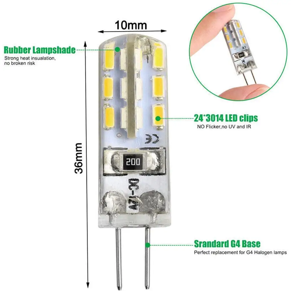 10 Pack G4 LED Bulb 12V AC DC 3W No Flicker G4 Bulbs White) T3 20W LED Light 10W Lamp (Daylight Bi-Pin Halogen Replacement H8M6
10 Pack G4 LED Bulb 12V AC DC 3W No Flicker G4 Bulbs White) T3 20W LED Light 10W Lamp (Daylight Bi-Pin Halogen Replacement H8M6