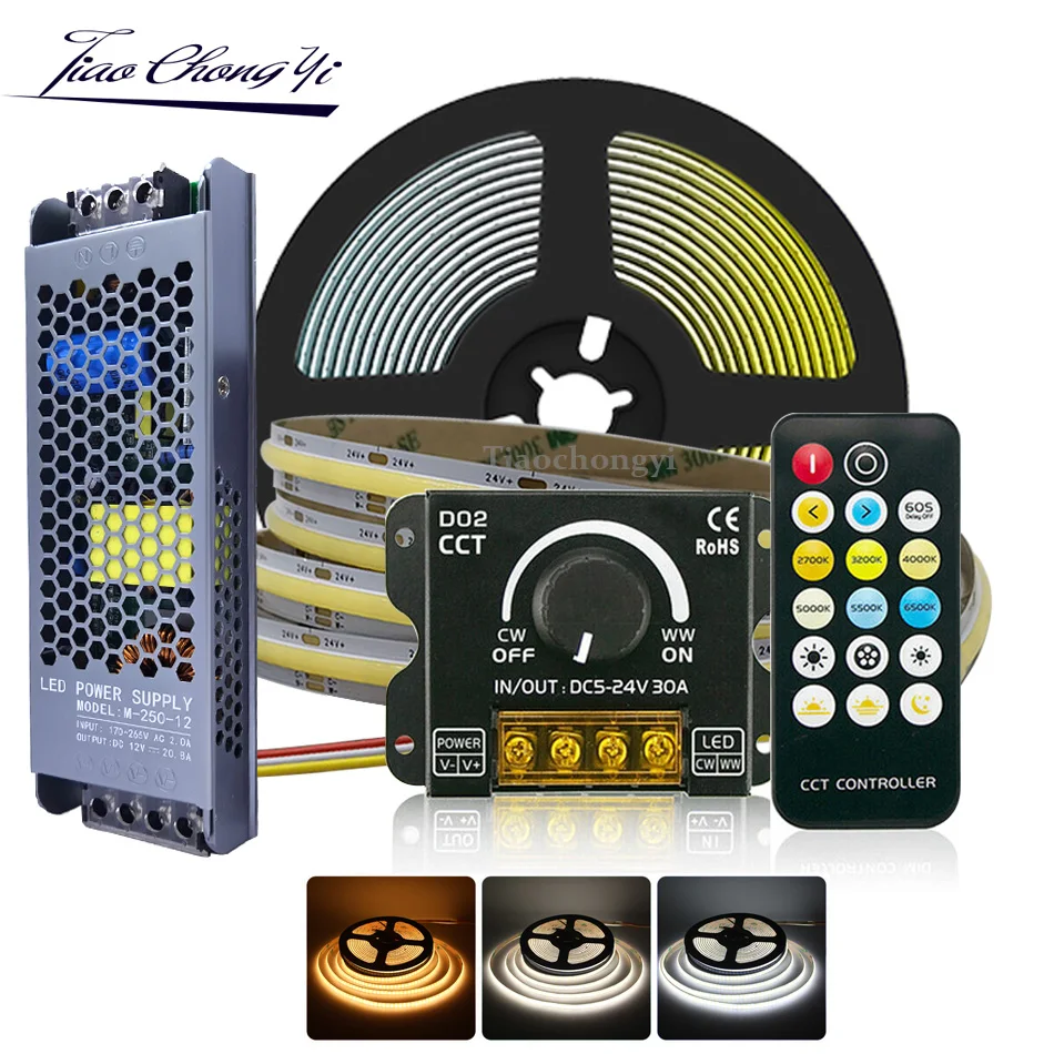 CCT COB Dual Colour LED Light Strip 5M DC24V 576LEDs/m with RF controller Flexible FOB Tape 2700-6500K color Dimmable kit
CCT COB Dual Colour LED Light Strip 5M DC24V 576LEDs/m with RF controller Flexible FOB Tape 2700-6500K color Dimmable kit