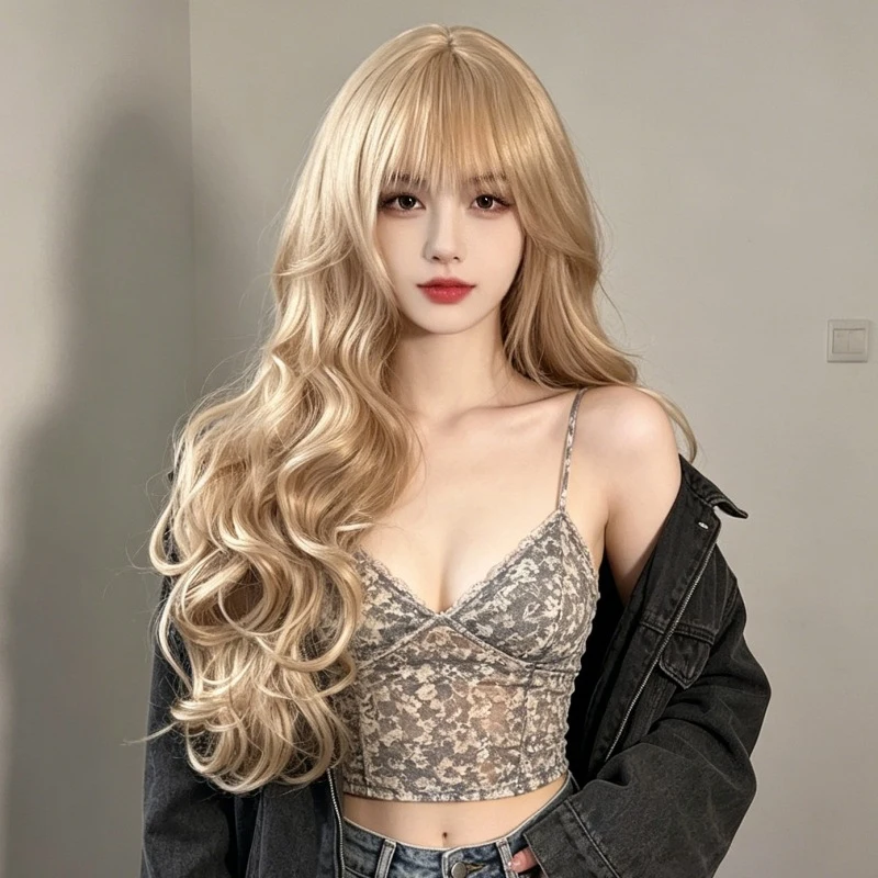 Fashionable women's full-head wig with air bangs and long wavy hair, ample stock available
Fashionable women's full-head wig with air bangs and long wavy hair, ample stock available