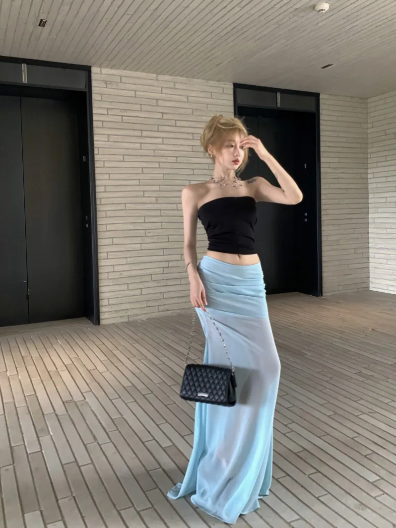 Elegant Black Mesh Fish Tail Skirt And Crop Top Set for Women Summer Fashion Outfit Short Sleeve Casual Style Two Piece Set
Elegant Black Mesh Fish Tail Skirt And Crop Top Set for Women Summer Fashion Outfit Short Sleeve Casual Style Two Piece Set