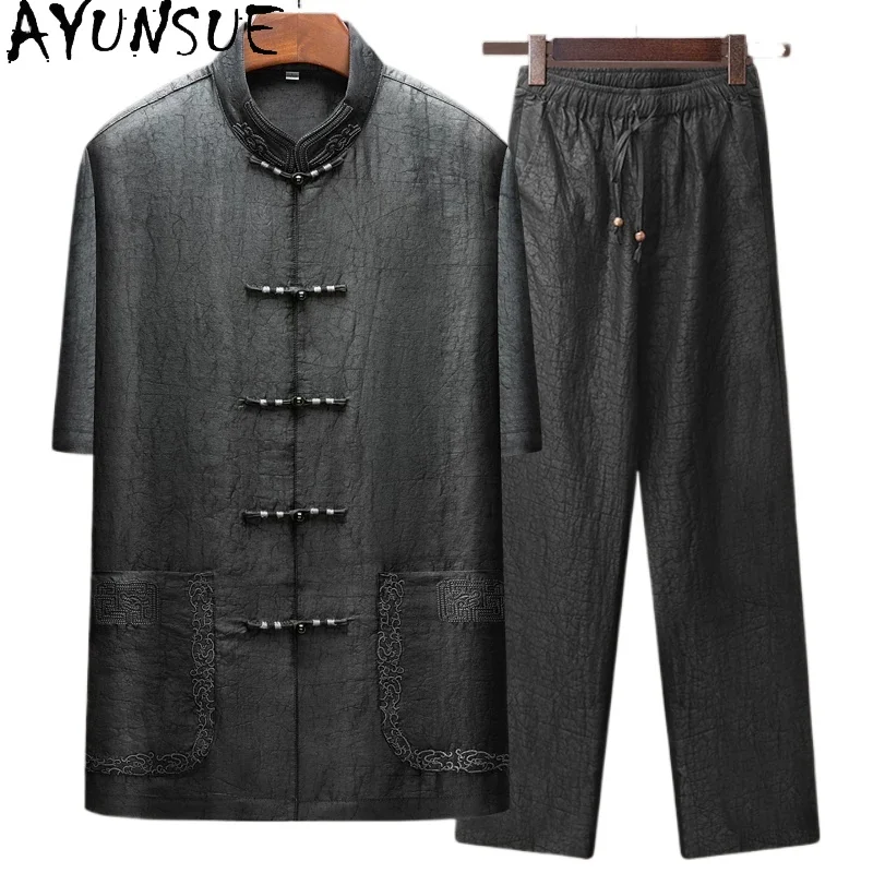 AYUNSUE Luxury 2 Piece Set Summer Outfits Man 100% Real Mulberry Silk Shirts for Men Short Sleeve Top Elastic Waist Black Pants
AYUNSUE Luxury 2 Piece Set Summer Outfits Man 100% Real Mulberry Silk Shirts for Men Short Sleeve Top Elastic Waist Black Pants
