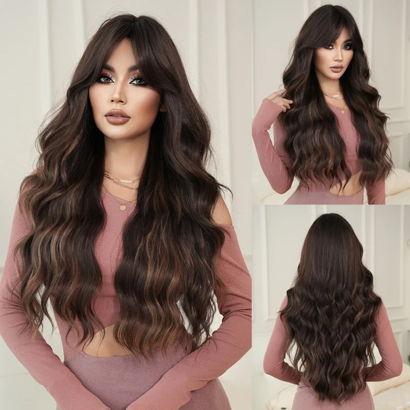 Asian-style sexy for women, wavy long curly hair bangs, coffee brown with golden highlights, high-quality full-head wig
Asian-style sexy for women, wavy long curly hair bangs, coffee brown with golden highlights, high-quality full-head wig