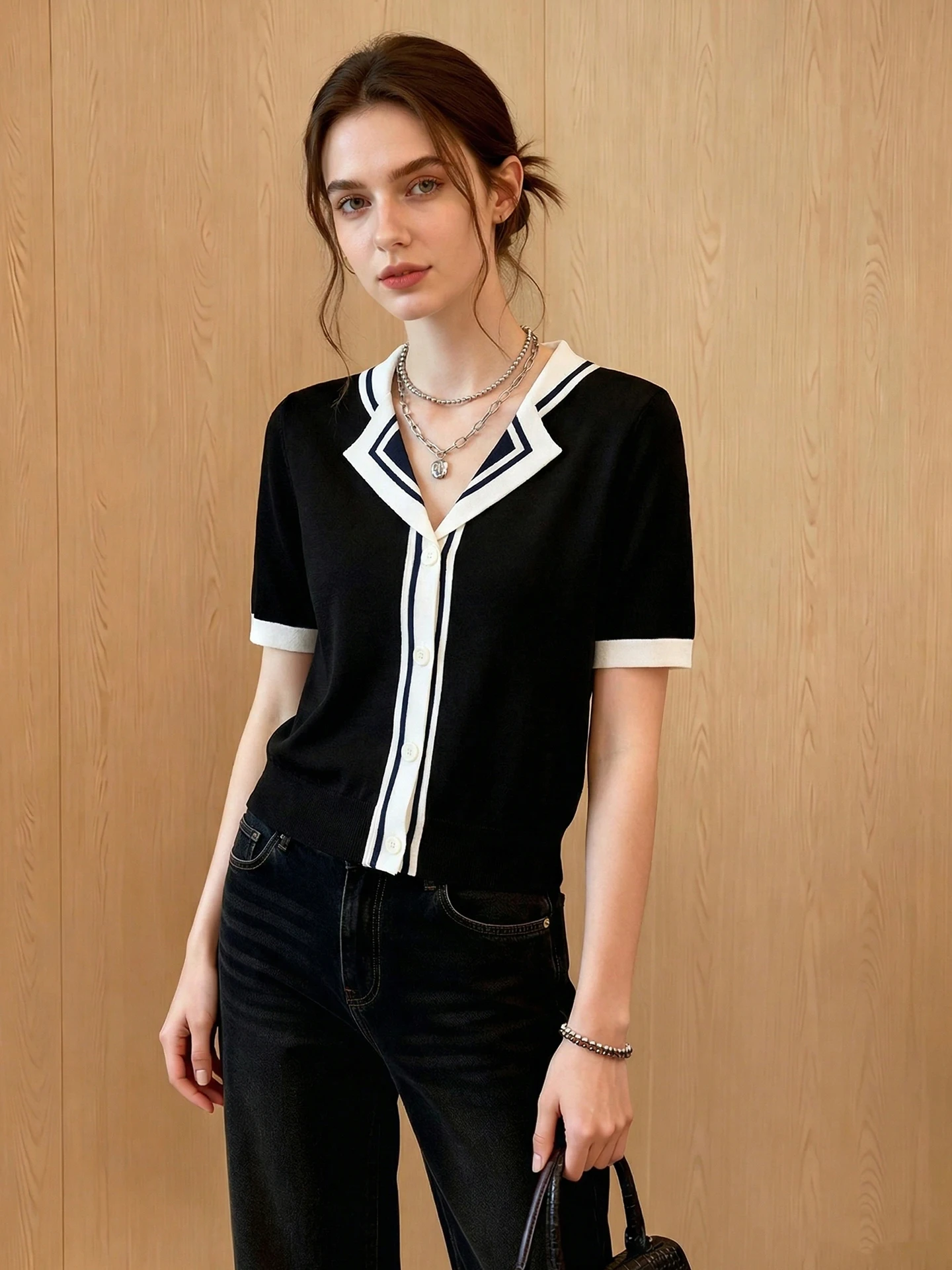 Trendy Color Block Short Sleeve Knitted Top Commute Style Women's Single Button Summer Fashionable Versatile Inner Wear
Trendy Color Block Short Sleeve Knitted Top Commute Style Women's Single Button Summer Fashionable Versatile Inner Wear