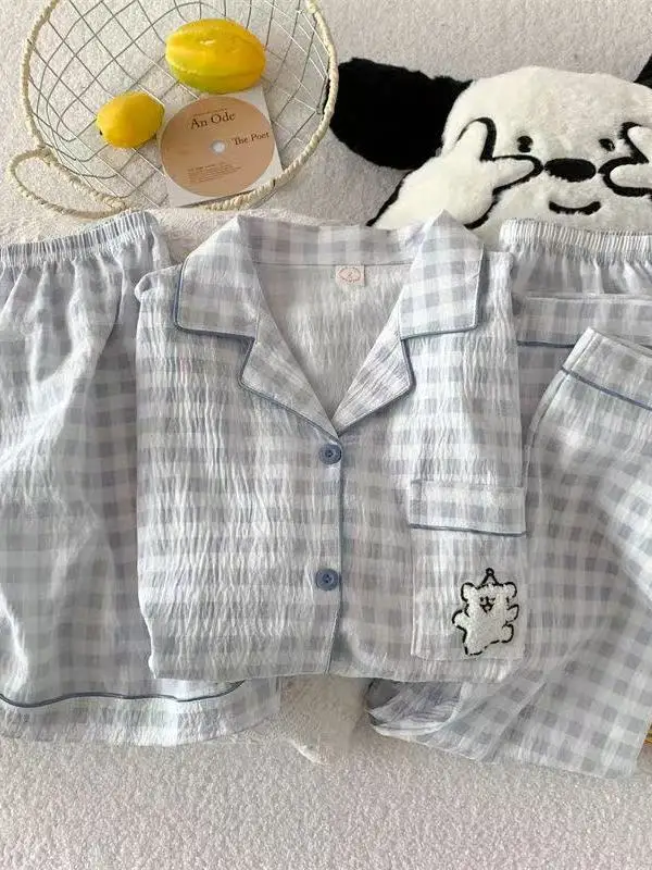 Summer Plaid Spwear Women's ort Sve Long Pants Home Clothes Tee-Piece Set Tagkita Luxury Cloud Cotton Polyester Fiber
Summer Plaid Spwear Women's ort Sve Long Pants Home Clothes Tee-Piece Set Tagkita Luxury Cloud Cotton Polyester Fiber