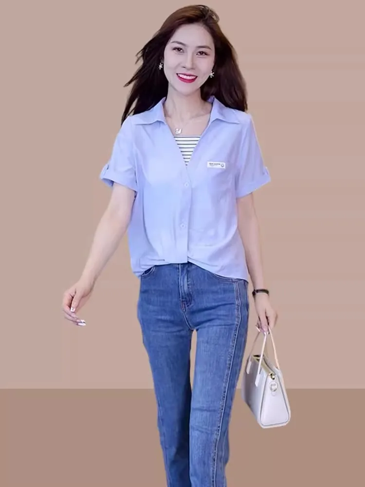 Fashionable Short Sleeve Women's Shirt Chiffon Cover Belly Korean Style V-Neck Loose Fit Summer New Arrival Elegant Youthful
Fashionable Short Sleeve Women's Shirt Chiffon Cover Belly Korean Style V-Neck Loose Fit Summer New Arrival Elegant Youthful