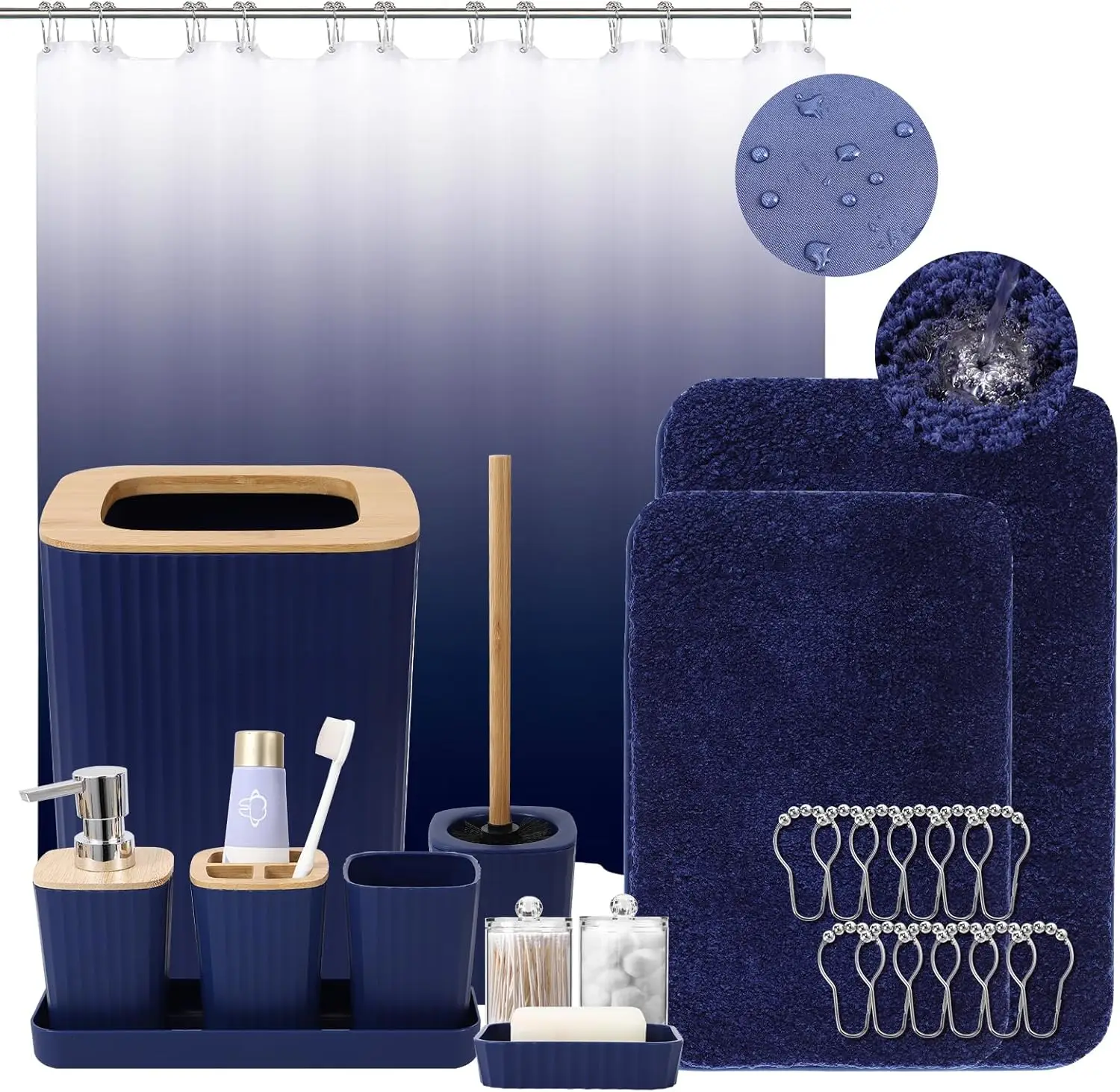 Bathroom Accessory Set with Shower Curtain and Rugs, Non-Slip Super Absorbent Bath Mats, Blue Ombre Waterproof Shower Curtain
Bathroom Accessory Set with Shower Curtain and Rugs, Non-Slip Super Absorbent Bath Mats, Blue Ombre Waterproof Shower Curtain
