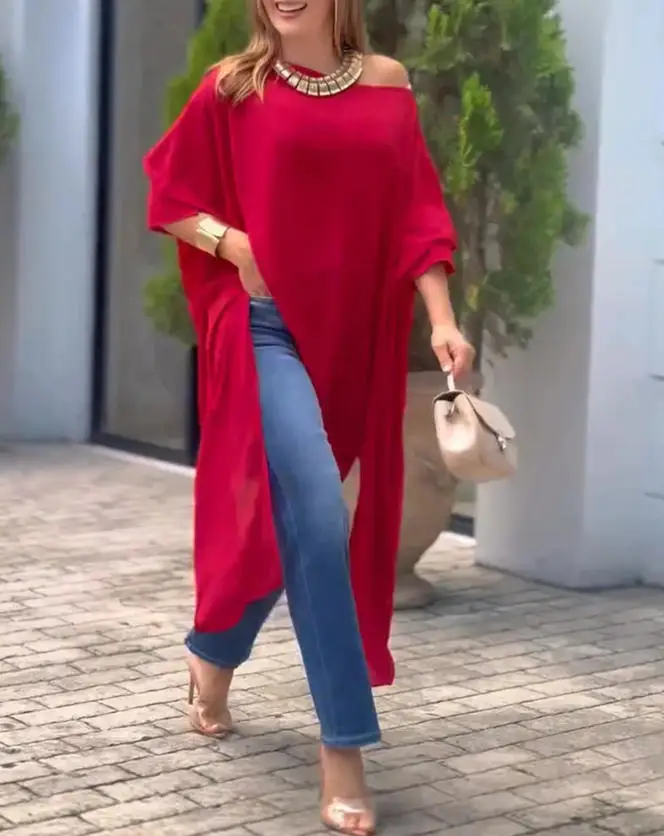 Women's Top 2026 Spring Summer New Solid Color Skew Neck Batwing Sleeve Tee Asymmetric Loose Cape Blouse Slit Elegant Top
Women's Top 2026 Spring Summer New Solid Color Skew Neck Batwing Sleeve Tee Asymmetric Loose Cape Blouse Slit Elegant Top