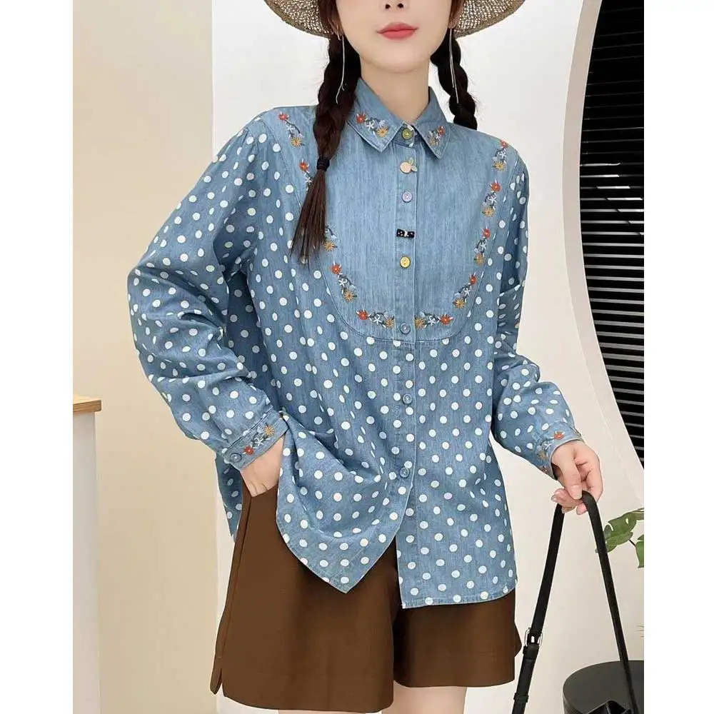 Japanese Vintage Mori Girl Chic Polka Dots Floral Embroidery Denim Shirts Women Spring New Long Sleeve Casual Loose Blouses
Japanese Vintage Mori Girl Chic Polka Dots Floral Embroidery Denim Shirts Women Spring New Long Sleeve Casual Loose Blouses