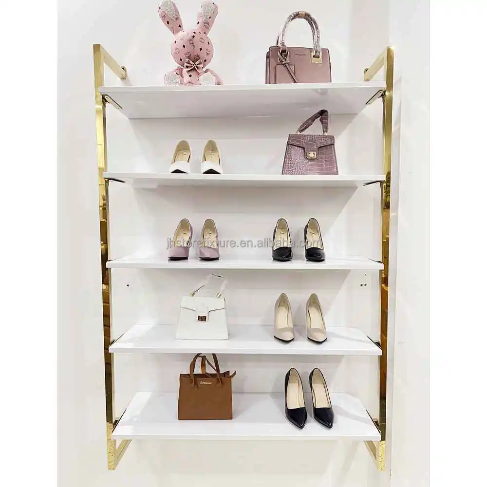 European Stainless Steel Gold Metal Shoe Window Display Rack Four Layers Handbag Shoe Rack for Wall
European Stainless Steel Gold Metal Shoe Window Display Rack Four Layers Handbag Shoe Rack for Wall
