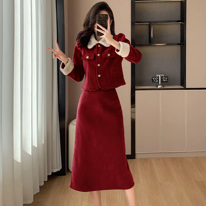 French Style Chic Corduroy Two-Piece Set, Autumn/Winter Color-Block Jacket and Skirt Red Dress Women Female Office Lady Suit Set
French Style Chic Corduroy Two-Piece Set, Autumn/Winter Color-Block Jacket and Skirt Red Dress Women Female Office Lady Suit Set