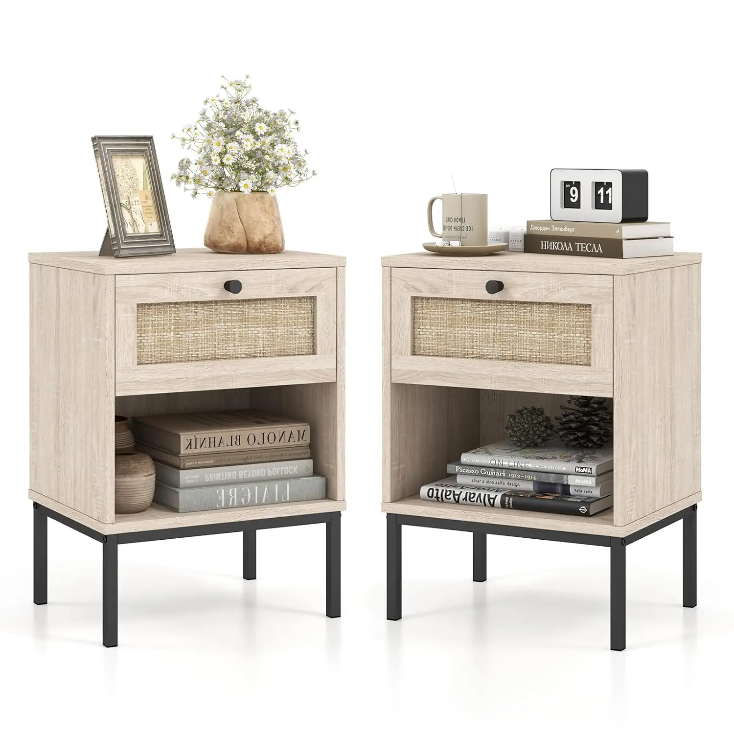 2 Tier Rattan Nightstand Set with Drawer & Open Shelf Metal Legs Small Space Bedroom Office Oak, Customized
2 Tier Rattan Nightstand Set with Drawer & Open Shelf Metal Legs Small Space Bedroom Office Oak, Customized