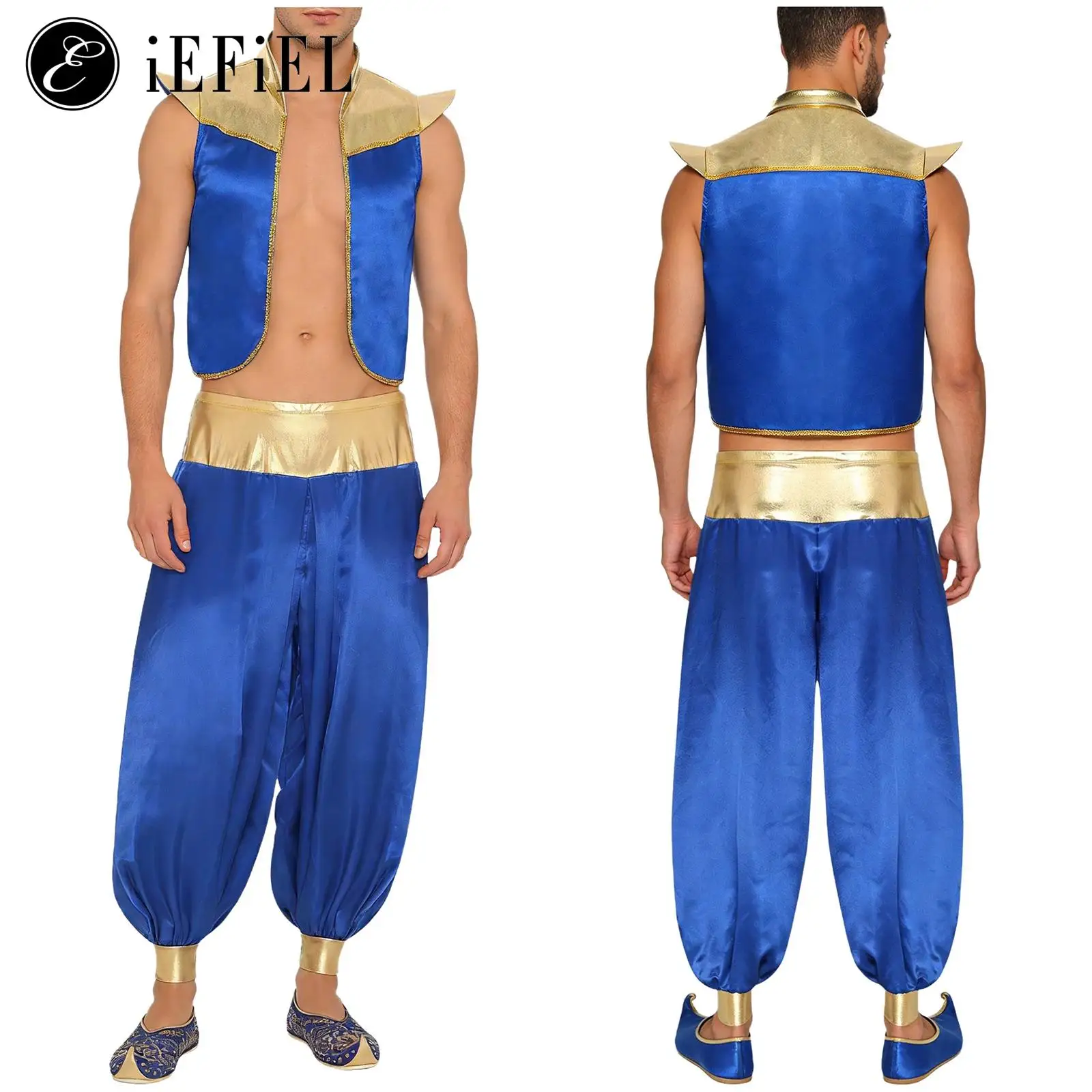 Mens Arabian Prince Cosplay Costume Gold Trim Open Front Waistcoat Stain Vest Harem Pants Loose Bloomers for Halloween Carnivals
Mens Arabian Prince Cosplay Costume Gold Trim Open Front Waistcoat Stain Vest Harem Pants Loose Bloomers for Halloween Carnivals