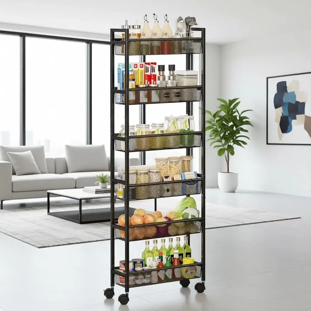 6-Tier Slim Rolling Storage Cart, Metal Shelves for Kitchen, Bathroom, Laundry, Living Room, and Tight Spaces, Black, 6 Wide
6-Tier Slim Rolling Storage Cart, Metal Shelves for Kitchen, Bathroom, Laundry, Living Room, and Tight Spaces, Black, 6 Wide