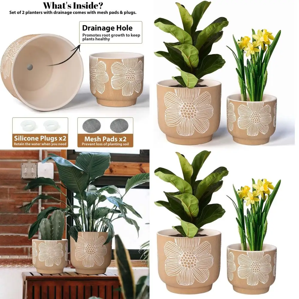 8 & 6 Sand Glazed Ceramic Planters with Drainage, White Flower Pattern for Indoor Plants, Tan & White
8 & 6 Sand Glazed Ceramic Planters with Drainage, White Flower Pattern for Indoor Plants, Tan & White