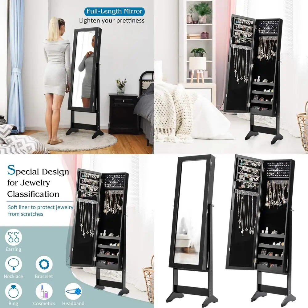 Black Standing Jewelry Cabinet with Mirror, 64 Earring Slots, 72 Ring Slots, 20 Necklace Hooks, 4 Shelves, Adjustable Angles
Black Standing Jewelry Cabinet with Mirror, 64 Earring Slots, 72 Ring Slots, 20 Necklace Hooks, 4 Shelves, Adjustable Angles