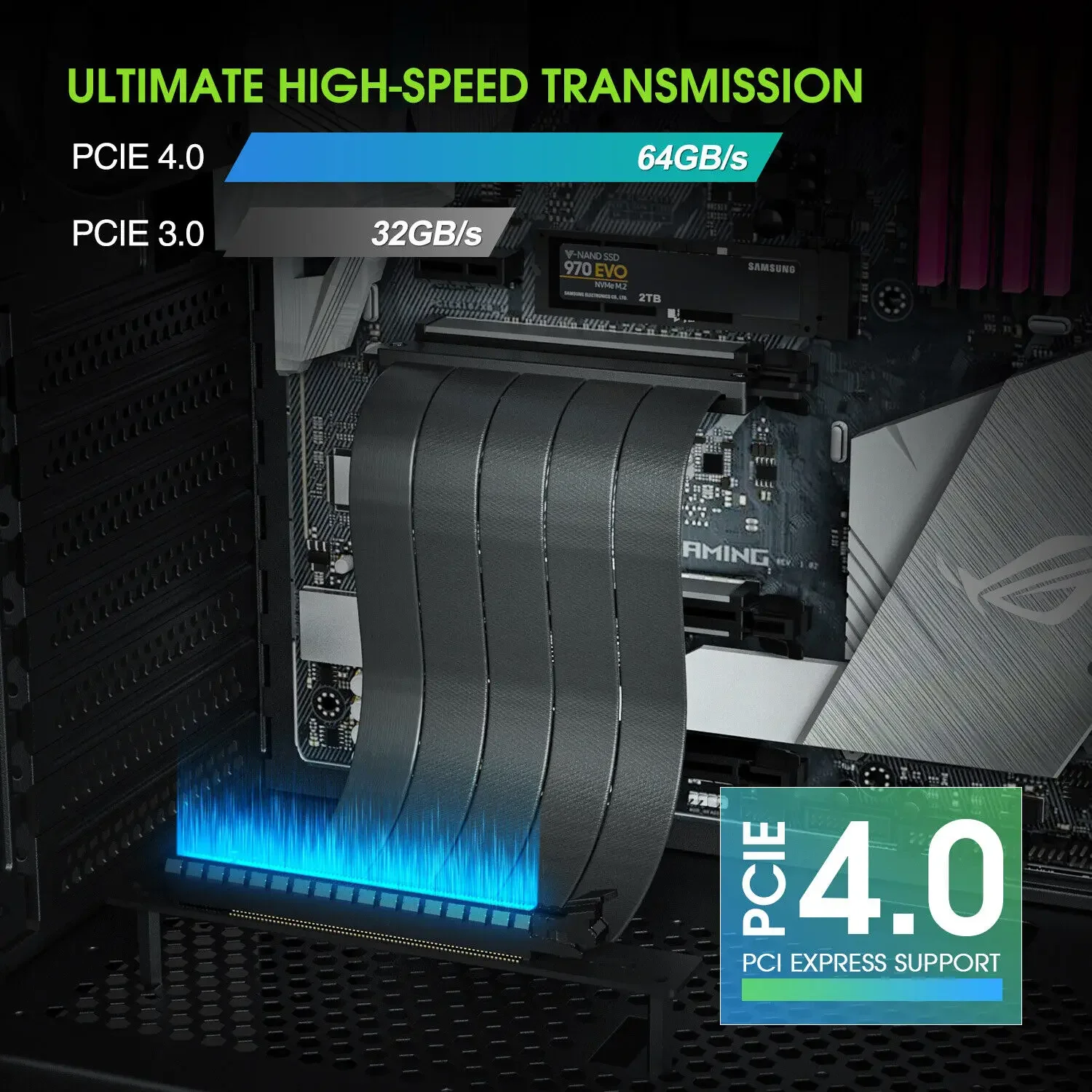 PCI-E 4.0 X16 to PCIe 16X Graphics Card Extender Riser Extension Cable GEN4 10-60CM for RTX4070Ti RTX4080ti RX6700XT RX6800XT