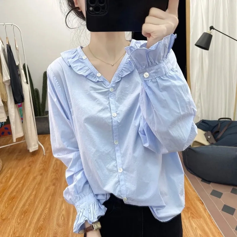 Women's Ruffle Collar Cotton Blouse Puff Long Sleeve Loose Casual V-Neck Shirt
Women's Ruffle Collar Cotton Blouse Puff Long Sleeve Loose Casual V-Neck Shirt