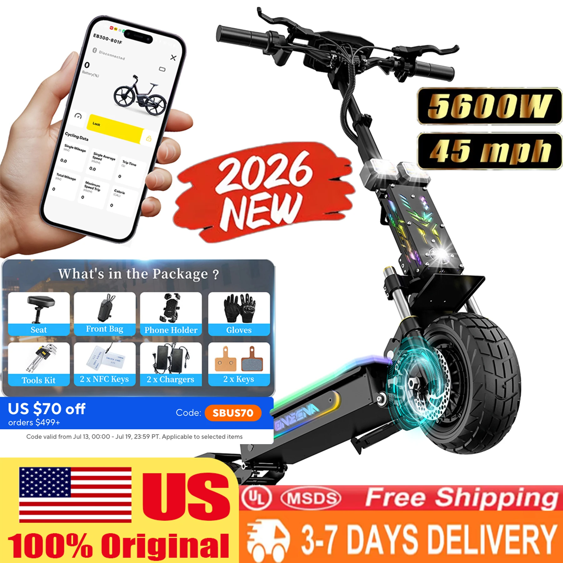 ONECNA GT7 5600W dual motor electric scooter. 10 inch off-road tire folding belt detachable seat electric scooter. 50 miles per hour, 45 miles range, all terrain off-road, with APP control and RGB lights
ONECNA GT7 5600W dual motor electric scooter. 10 inch off-road tire folding belt detachable seat electric scooter. 50 miles per hour, 45 miles range, all terrain off-road, with APP control and RGB lights