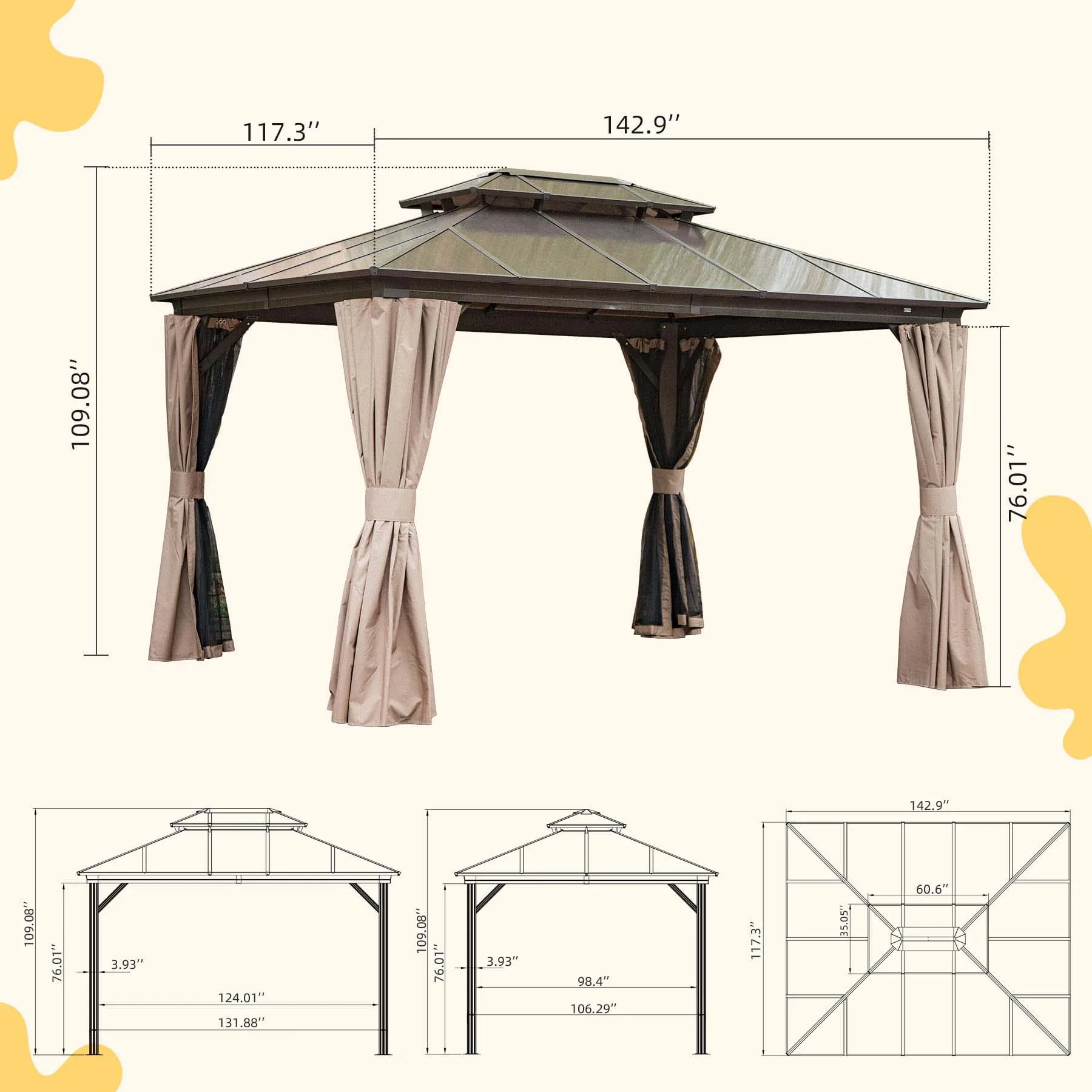 High Quality Outdoor Gazebos Garden Double Polycarbonate Roof Pavilion
High Quality Outdoor Gazebos Garden Double Polycarbonate Roof Pavilion
