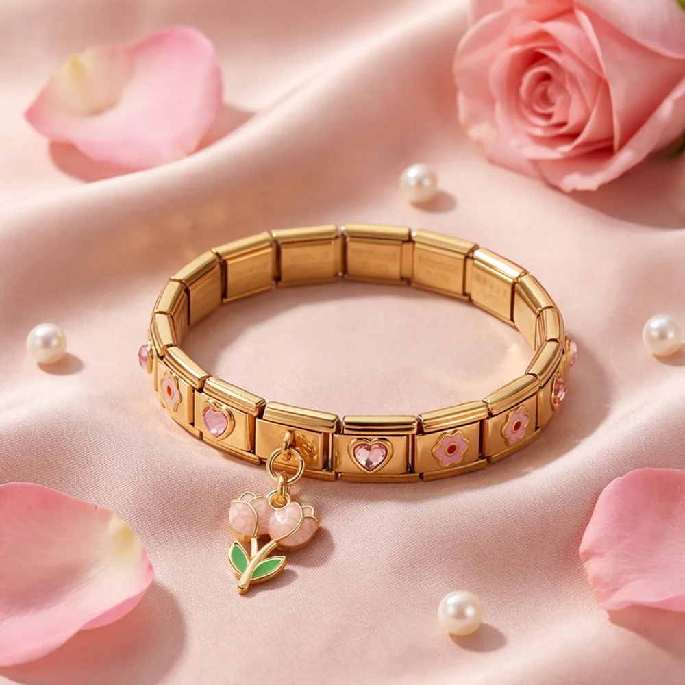 Gold Color Italian Stainless Steel Heart Flower Charm Combination Module Bracelet for Lover Gift Eelastic Setachable Strap Chain
Gold Color Italian Stainless Steel Heart Flower Charm Combination Module Bracelet for Lover Gift Eelastic Setachable Strap Chain