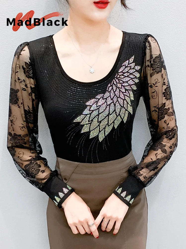 MadBlack-Women's European T-Shirt, Sexy O Neck Diamond Lace, Streetwear Long Sleeve Slim M-3XL Knit Tee, 2025 Autumn T59170CC 
MadBlack-Women's European T-Shirt, Sexy O Neck Diamond Lace, Streetwear Long Sleeve Slim M-3XL Knit Tee, 2025 Autumn T59170CC