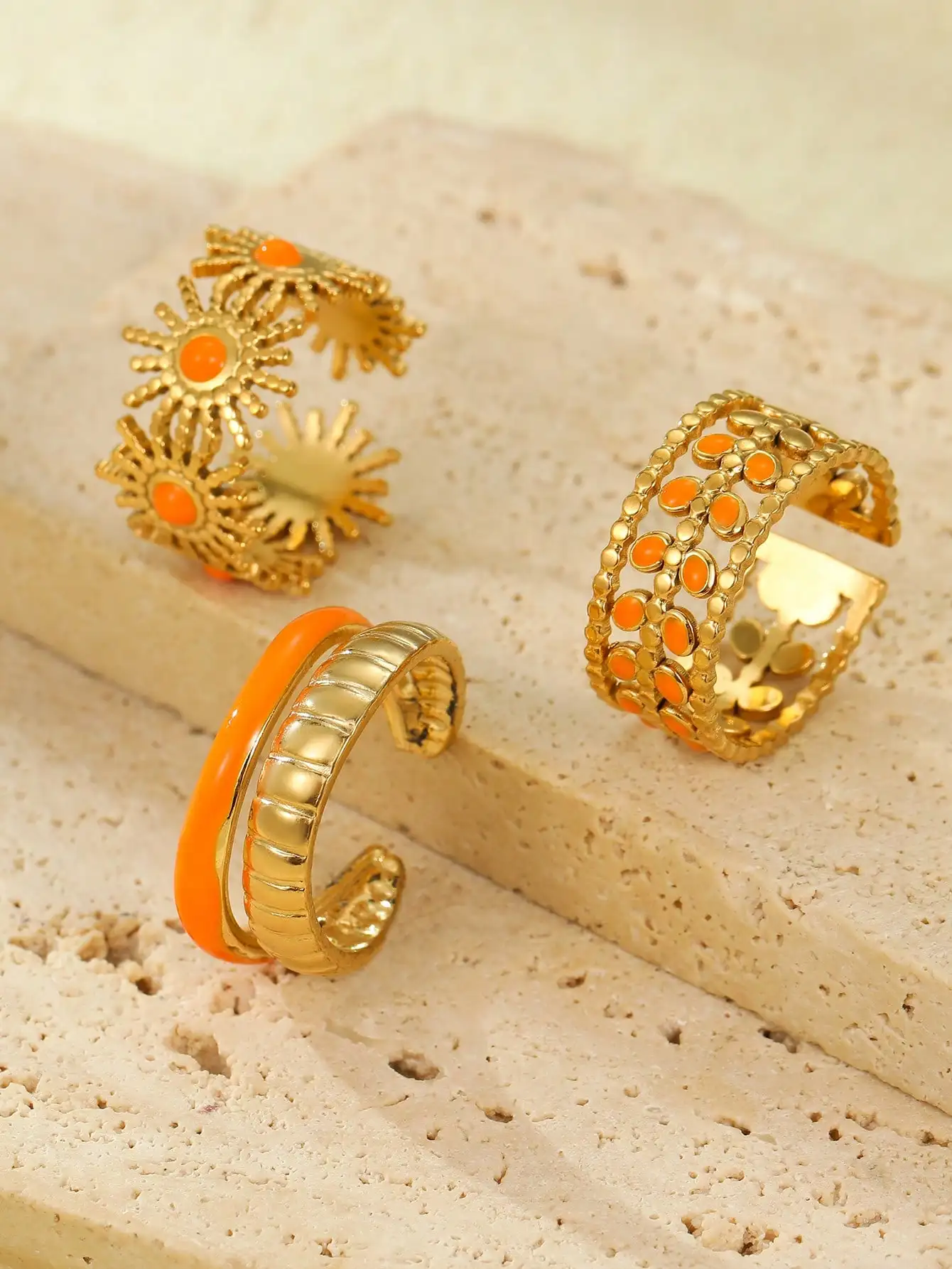 3-Piece Gold-Tone Floral Open Ring Set With Enamel Accents For Women
3-Piece Gold-Tone Floral Open Ring Set With Enamel Accents For Women