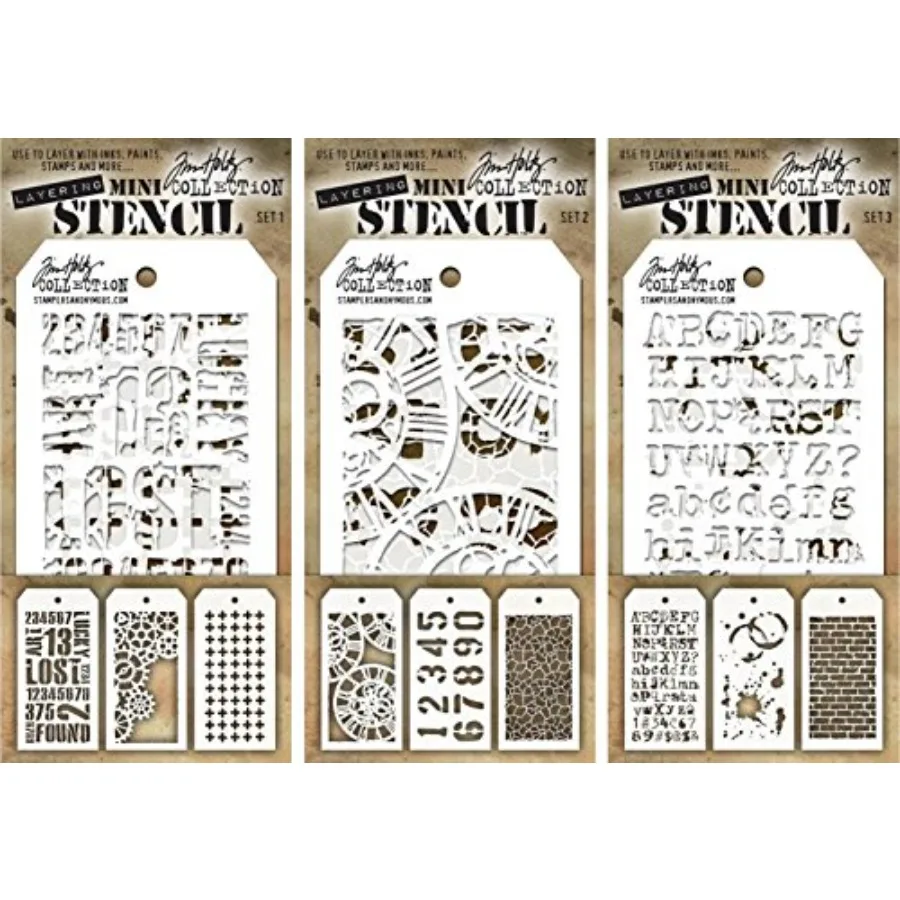 - Nine Mini Layering Stencils - Industrial, Gears, Plus, Clockwork, Numbered, Crackle, Typo, Splatters and Bricked - aka sets 1
- Nine Mini Layering Stencils - Industrial, Gears, Plus, Clockwork, Numbered, Crackle, Typo, Splatters and Bricked - aka sets 1