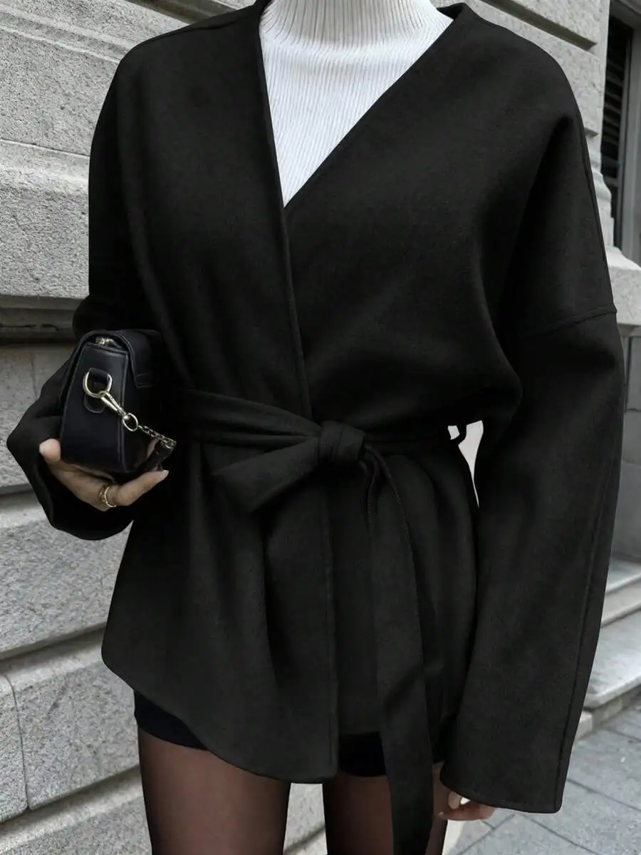 Women's Solid Black Wool Felt Wrap Jacket with Self-Belt, Elegant Casual Outerwear
Women's Solid Black Wool Felt Wrap Jacket with Self-Belt, Elegant Casual Outerwear