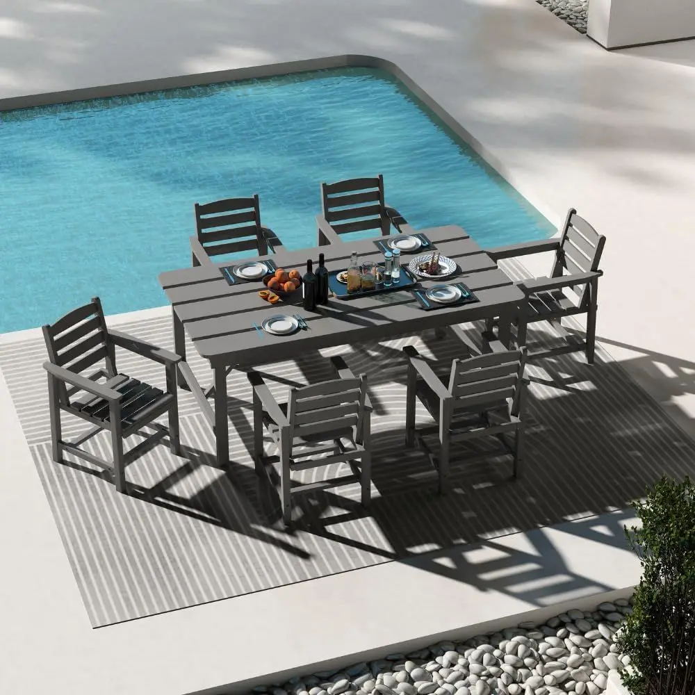 7-Piece Outdoor HDPE Dining Set: Patio Table with Umbrella Hole and 6 Chairs for All-Weather Use in Garden, Backyard, Deck, or P
7-Piece Outdoor HDPE Dining Set: Patio Table with Umbrella Hole and 6 Chairs for All-Weather Use in Garden, Backyard, Deck, or P
