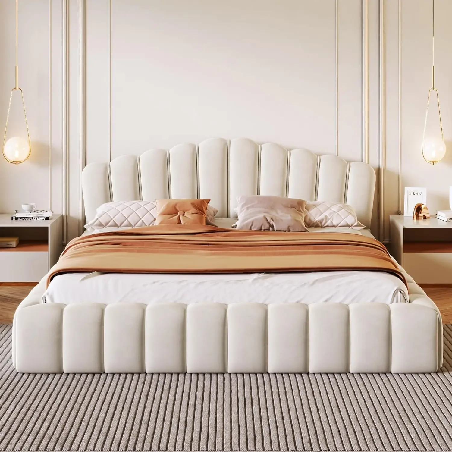 Queen Size Floor Platform Bed Frame,Velvet Upholstered Bedframe with Shell-Shaped Headboard and Cushioning All Around Guards 
Queen Size Floor Platform Bed Frame,Velvet Upholstered Bedframe with Shell-Shaped Headboard and Cushioning All Around Guards