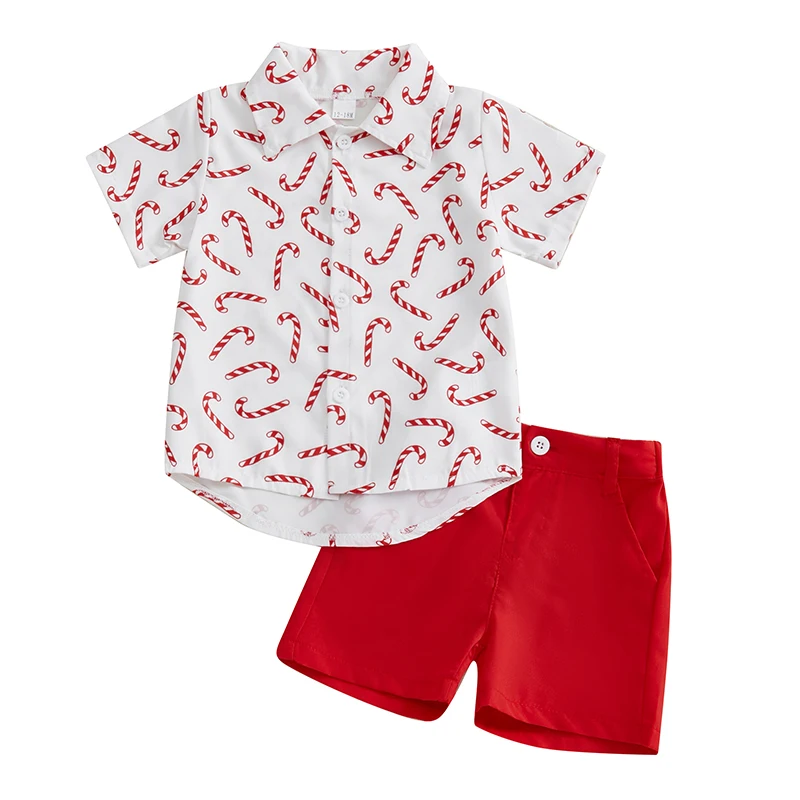Toddler Boy Christmas Outfits Candy Cane Print Short Sleeve Lapel Button Shirt with Solid Color Shorts Set
Toddler Boy Christmas Outfits Candy Cane Print Short Sleeve Lapel Button Shirt with Solid Color Shorts Set