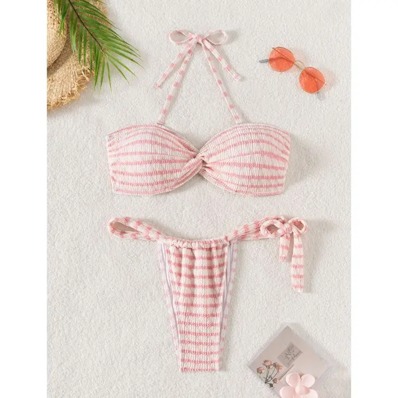 Women Pink White Striped Bikini Set Twist Front Bandeau with Halter Strap Tie Side High Leg Swimsuit Sweet Summer Beach Swimwear
Women Pink White Striped Bikini Set Twist Front Bandeau with Halter Strap Tie Side High Leg Swimsuit Sweet Summer Beach Swimwear