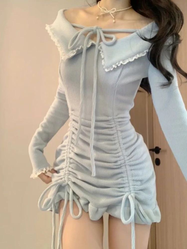 Blue Sexy Party Slim Mini Dress Women Korean Designer Off Shoulder Elegant Dress Female France Vintage Lace-up Dress Autumn 2023
Blue Sexy Party Slim Mini Dress Women Korean Designer Off Shoulder Elegant Dress Female France Vintage Lace-up Dress Autumn 2023