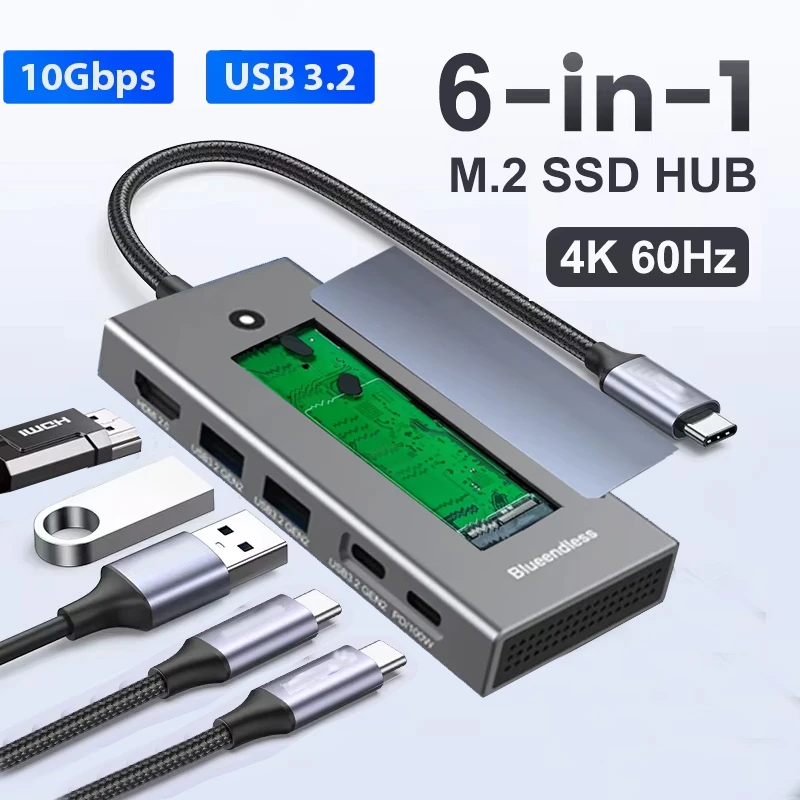 6-in-1 USB 3.2 Docking Station Hub M.2 SSD Enclosure 10Gbps M2 NVMe SATA Solid State Disk Drive External Case for PC Laptop
6-in-1 USB 3.2 Docking Station Hub M.2 SSD Enclosure 10Gbps M2 NVMe SATA Solid State Disk Drive External Case for PC Laptop