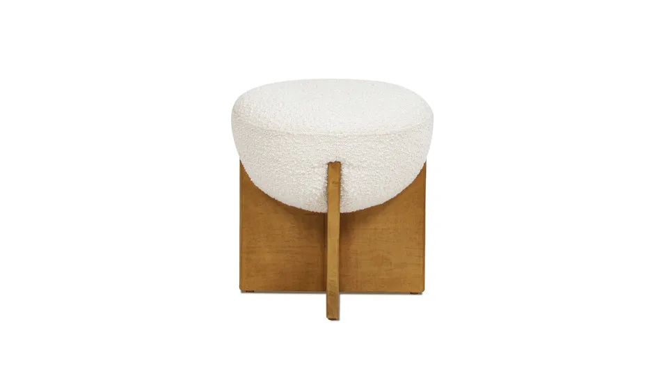 Round cushioned footstool, natural wooden base, ivory white looped cloth
Round cushioned footstool, natural wooden base, ivory white looped cloth