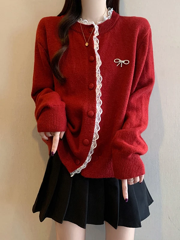 Red Lace Trim Knot Shoulder Winter Knitted Sweater Coat Women's plus Size Christmas New Year's Casual Knitwear
Red Lace Trim Knot Shoulder Winter Knitted Sweater Coat Women's plus Size Christmas New Year's Casual Knitwear