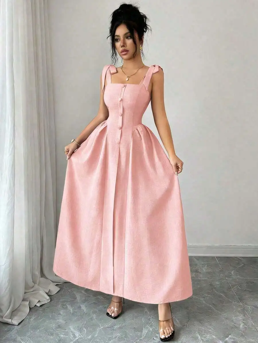 Pink Tie-Shoulder Textured Woven A-Line Midi Dress Elegant Office Wear
Pink Tie-Shoulder Textured Woven A-Line Midi Dress Elegant Office Wear