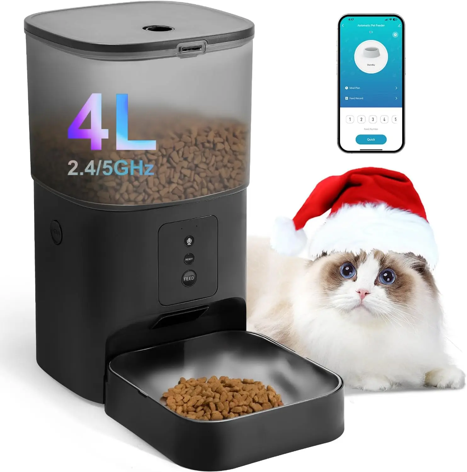 Автоматическая кормушка для кошек с Wi-Fi, диктофоном и функцией таймера для сухого корма, объем 4 л, матовый черный цвет
Автоматическая кормушка для кошек с Wi-Fi, диктофоном и функцией таймера для сухого корма, объем 4 л, матовый черный цвет