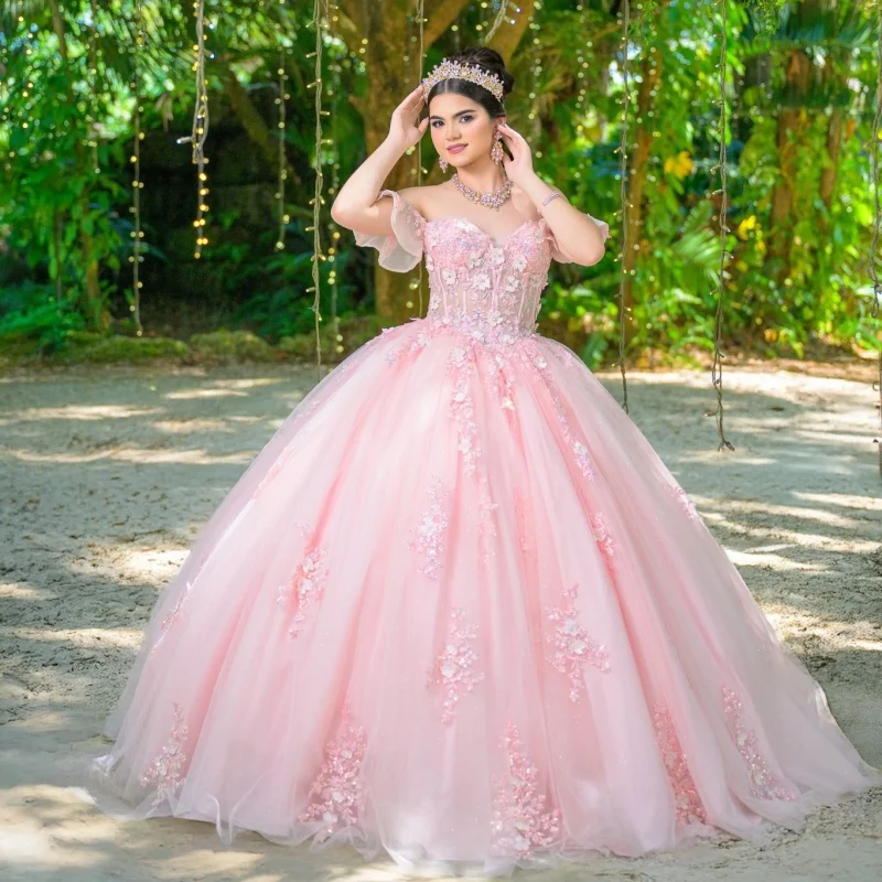 Customized Pink Quinceanera Dresses Off the Shoulder Tull crystal applique Lace 3D flower Vestido De 15 Quinceanera
Customized Pink Quinceanera Dresses Off the Shoulder Tull crystal applique Lace 3D flower Vestido De 15 Quinceanera