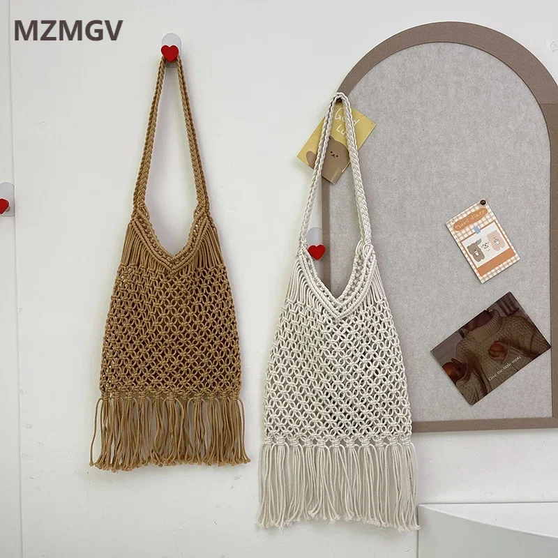 Fashion Large Capacity Cotton Rope Hand Woven Shoulder Bag Women's Tassel Crochet Hollow Out Design Underarm Bag Bolsos Feminine
Fashion Large Capacity Cotton Rope Hand Woven Shoulder Bag Women's Tassel Crochet Hollow Out Design Underarm Bag Bolsos Feminine