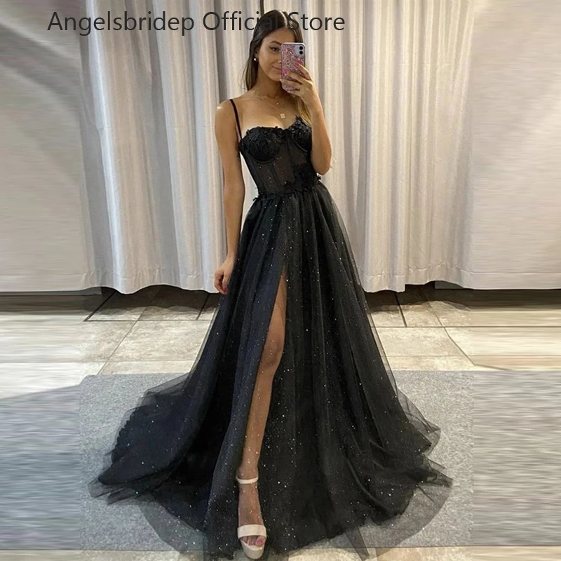 Angelsbridep Black Glitter A Line Tulle Prom Dresses Spaghetti Straps Sweetheart Bones Side Slit 3D Flowers Long Evening Gowns
Angelsbridep Black Glitter A Line Tulle Prom Dresses Spaghetti Straps Sweetheart Bones Side Slit 3D Flowers Long Evening Gowns