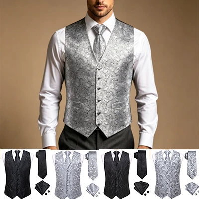 4Pcs Men Formal V-Neck Vest Kit Waistcoat Tie Handkerchief & Cufflinks for Occasions
4Pcs Men Formal V-Neck Vest Kit Waistcoat Tie Handkerchief & Cufflinks for Occasions