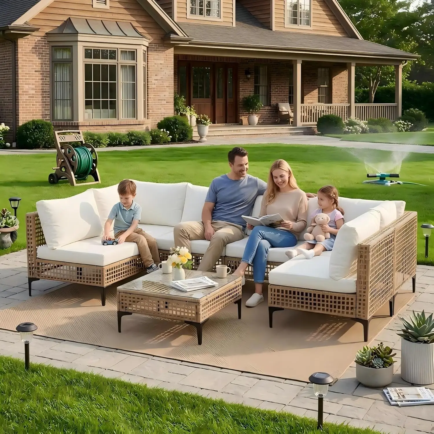 7-Piece Patio Furniture Set, All Weather Wicker Outdoor Sectional Conversation Sofa w/Thick Cushions & Glass Table for Lawn Pool
7-Piece Patio Furniture Set, All Weather Wicker Outdoor Sectional Conversation Sofa w/Thick Cushions & Glass Table for Lawn Pool