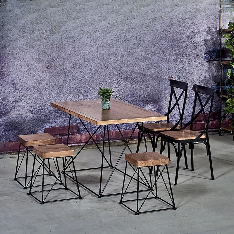 American retro solid wood dining table and chair combination, rural theme restaurant dining table and chair
American retro solid wood dining table and chair combination, rural theme restaurant dining table and chair