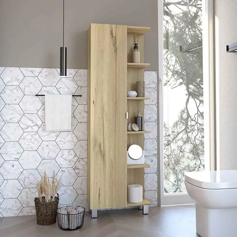 Light Oak Corner Cabinet, 5 Open Shelves, Single Door Storage Unit
Light Oak Corner Cabinet, 5 Open Shelves, Single Door Storage Unit